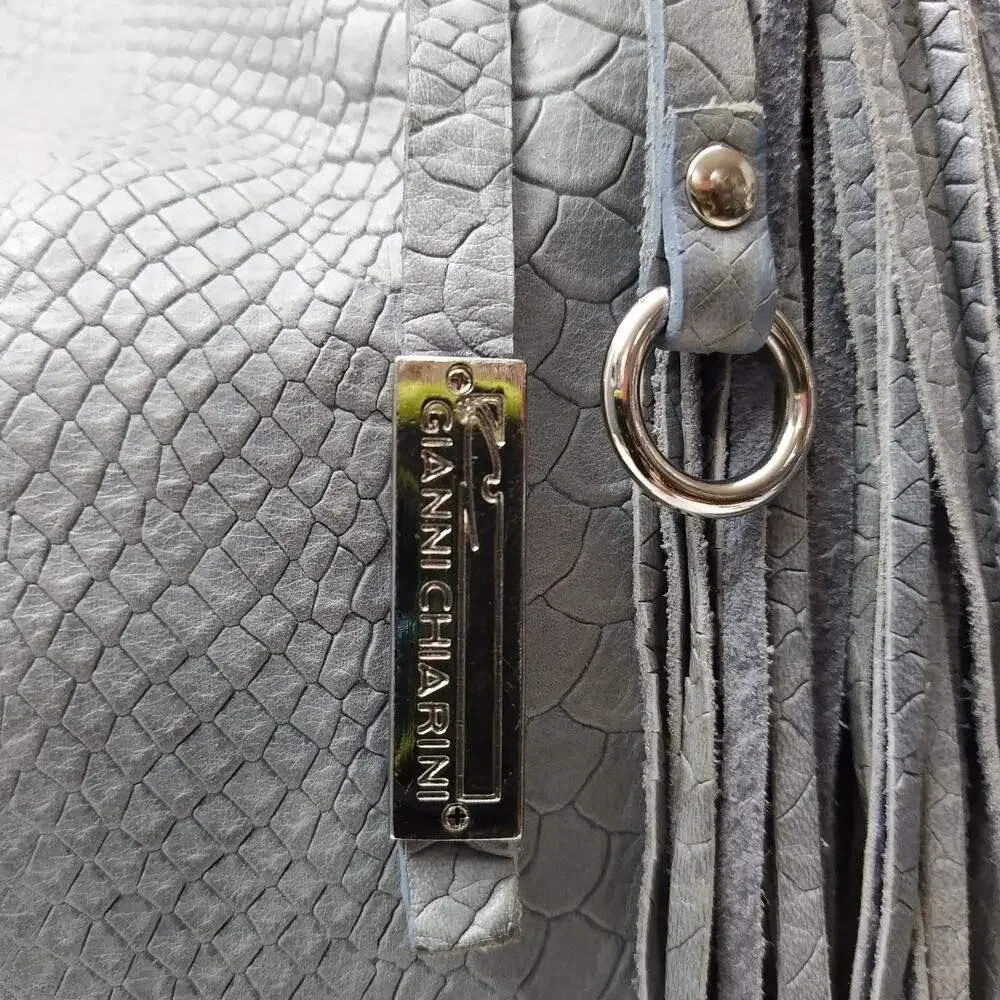 Gianni Chiarini Light Blue Leather Snakeskin Embossed Tassel Hobo Shoulder Bag